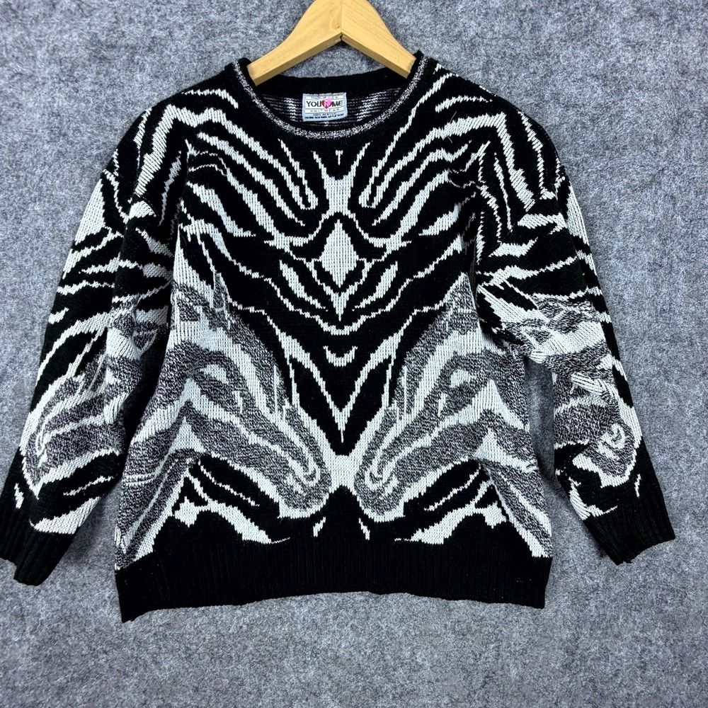 Vintage You & Me Knitwear Sweater Womens Medium Black White Zebra Horses 80s 90s